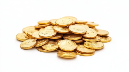 A pile of golden coins is shown in isolation against a white backdrop.