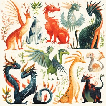 colorful dragons collection, whimsical creatures clip art preview