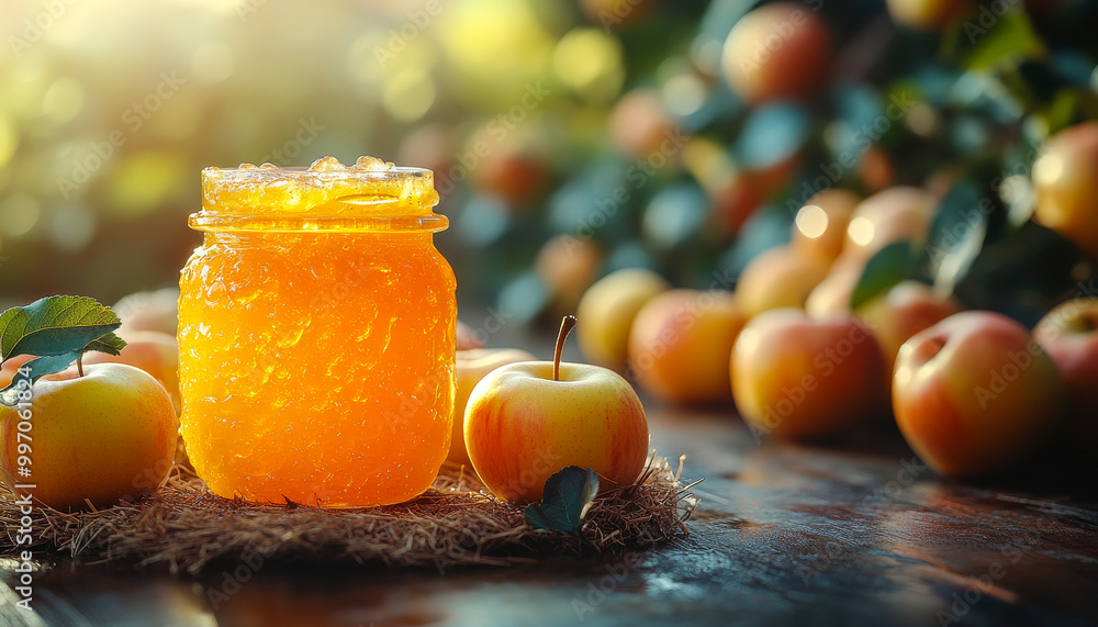 Poster a jar of honey is sitting on a table with several apples. the apples are arranged in a way that they