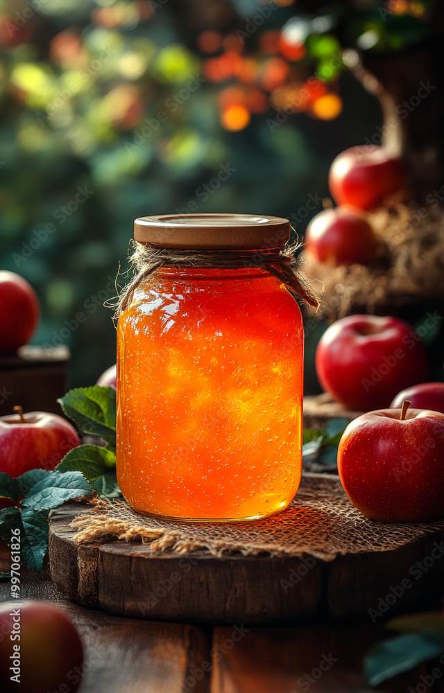 Poster a jar of honey is sitting on a wooden table with several apples around it. the jar is filled with a 