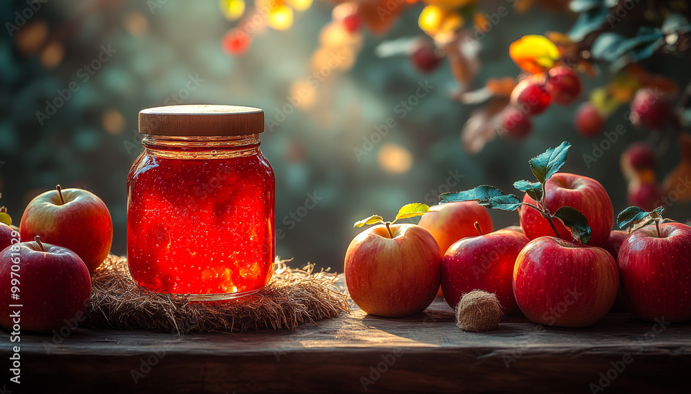 Poster a jar of red apple jam sits on a wooden table next to several apples. the apples are arranged in a w