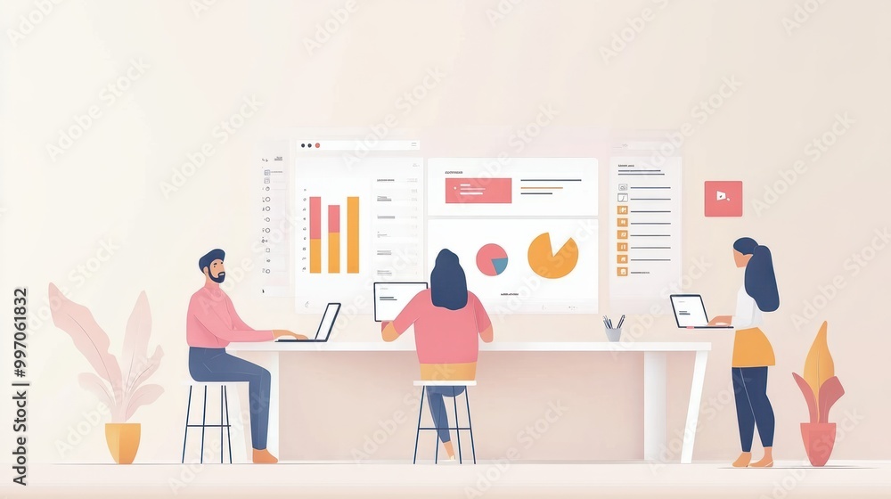 Aufkleber analytics concept in flat design with people. men and woman analyzing and researching business data,