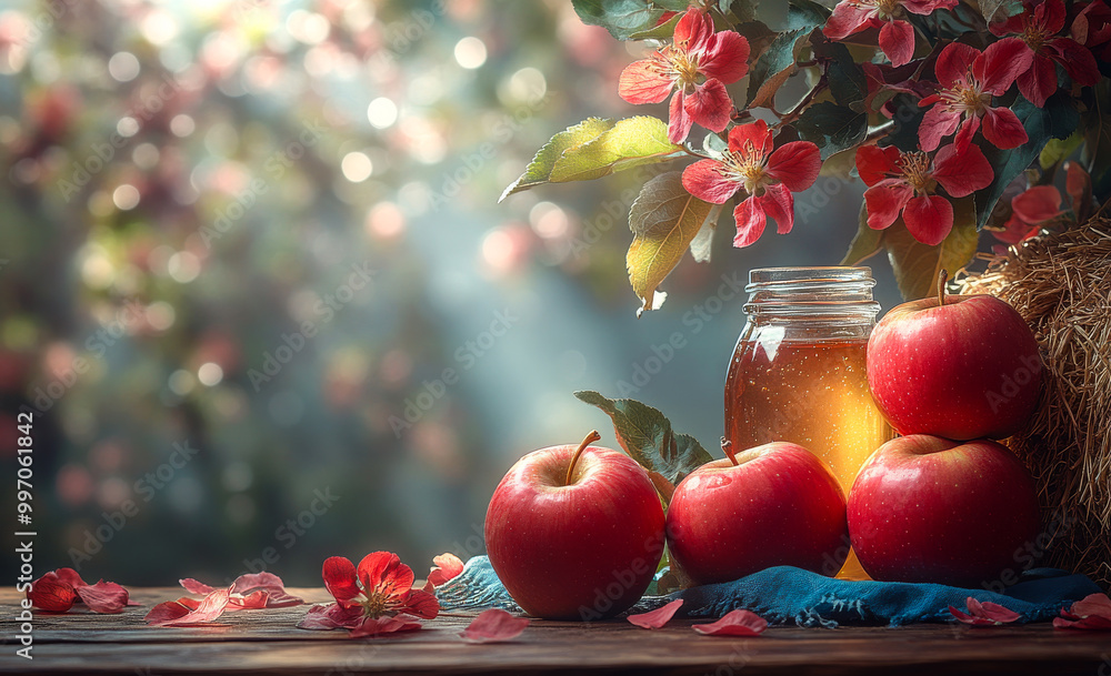 Poster a jar of honey is on a table with four apples. the apples are red and the jar is clear. the scene is