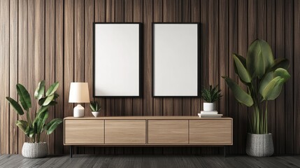 Modern Living Room Interior with Vertical Poster Frames on Dark Wooden Wall