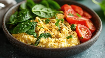 Healthy breakfast bowl with scrambled eggs, spinach, and fresh tomatoes.