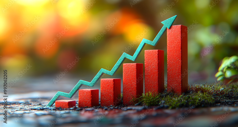 Poster a series of red and green bars are stacked on top of each other, with a green arrow pointing upwards
