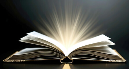 A book is open to a page with a bright light shining on it