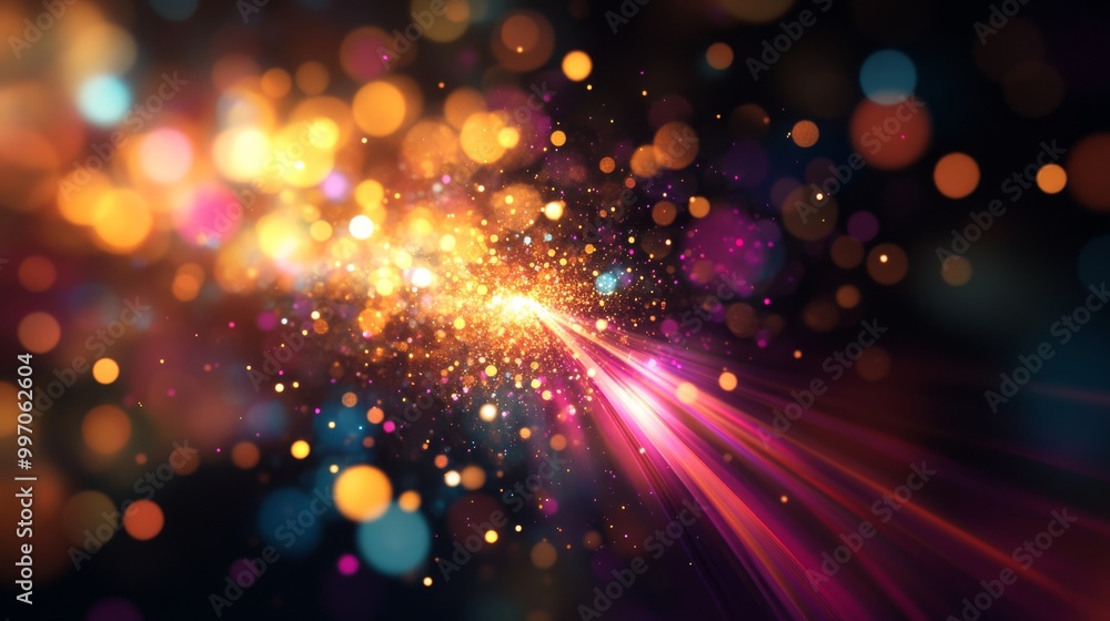 Poster bright light rays burst outward, filled with colorful particles that shimmer and dance against a dar
