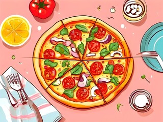 Delicious Pepperoni Pizza with Fresh Vegetables on Pink Background