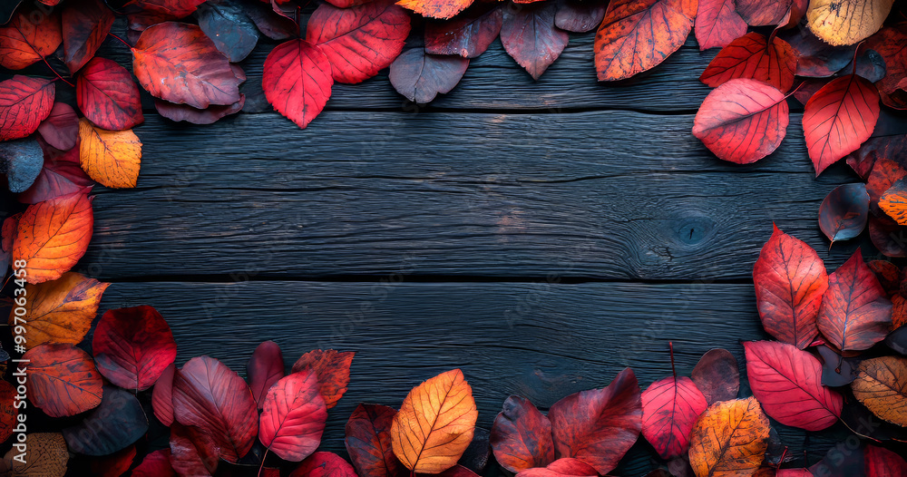 Poster a wooden frame with red leaves surrounding it. the leaves are arranged in a circular pattern