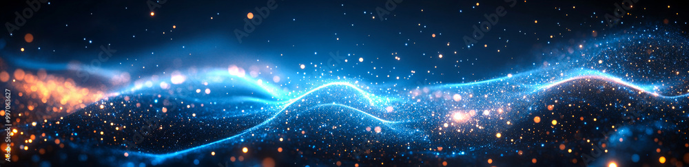 Poster a blue and orange background with a lot of sparkles. the sparkles are scattered all over the backgro