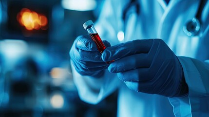 Scientist holding blood sample in lab, focused analysis in medical research.