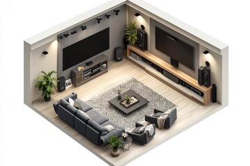 Fototapeta premium Isometric 3D render showcasing a family room designed as a cozy home theater, complete with seating and integrated multimedia systems, viewed from above on a white background