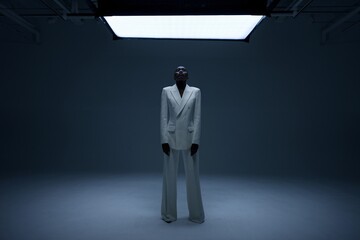Fototapeta premium Serene Confidence: A Black model in a crisp white pantsuit, exudes quiet power under a single, dramatic light source. A minimalist fashion portrait.