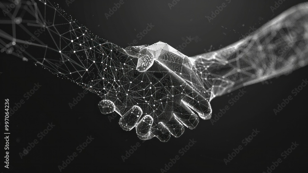 Poster digital handshake symbolizing partnership and collaboration in a technological world, presented in a