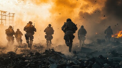 A group of soldiers in combat gear advancing through a devastated urban area, fully equipped for action. Smoke and fire billow in the background, emphasizing the intensity and chaos of the battlefield