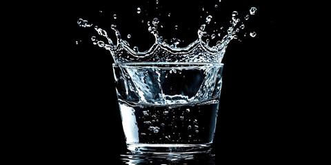 A glass of water with a splash of water on the side