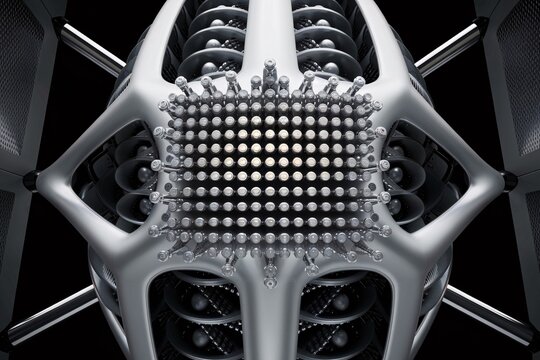 Futuristic Machine Core: Close-up of a complex, metallic, biomechanical device with intricate details and a grid-like central element, set against a stark black background.