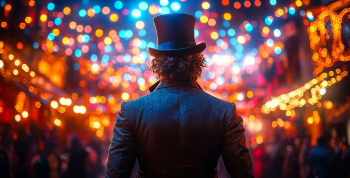 A man in a top hat stands in front of a crowd of people. The scene is set in a brightly lit room with colorful lights and decorations. The man is a performer, possibly a magician or a clown