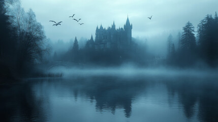 Fototapeta premium A misty morning with a castle in the distance.