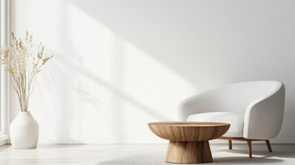 Minimalist Scandinavian Living Room with White Armchair and Wooden Coffee Table