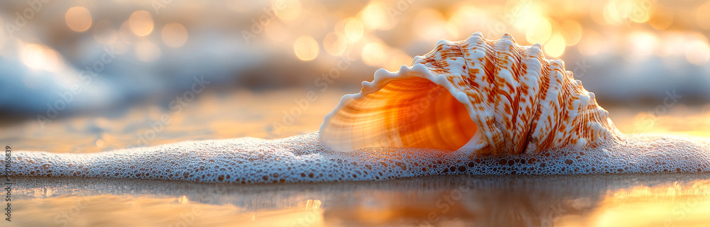 Poster a shell is laying on the sand with the ocean in the background. the shell is orange and white, and i