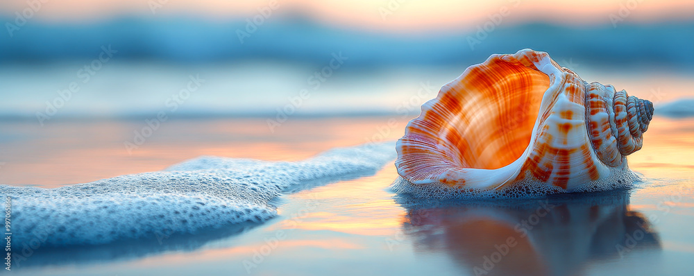 Poster a large shell is laying on the beach, with the ocean in the background. the shell is orange and whit
