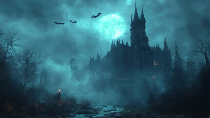 A spooky gothic castle stands tall under a full moon.
