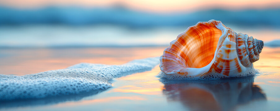 A large shell is laying on the beach, with the ocean in the background. The shell is orange and white, and it is a rare find. The scene is serene and peaceful