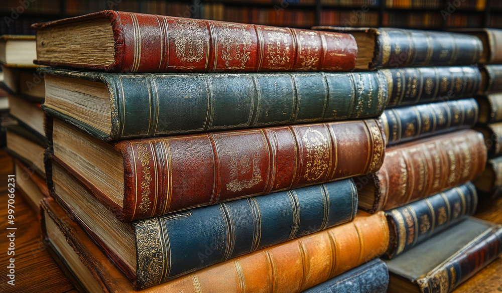 Poster a stack of old books with a blue book on top. the stack is piled high and the books are of different