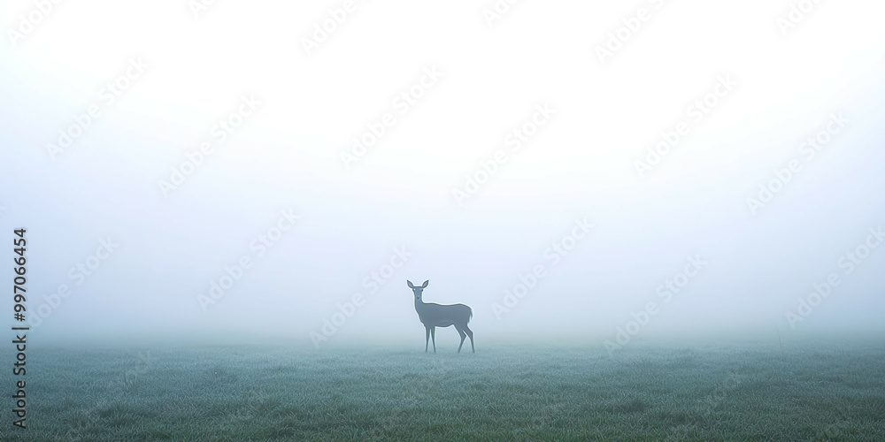 Poster a deer stands in a field of grass in the fog