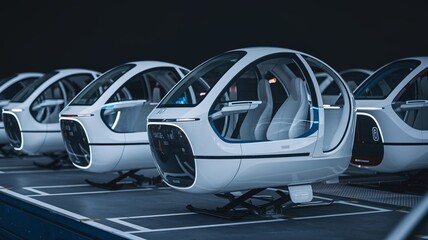 Obraz premium Futuristic Fleet: A row of sleek, white autonomous vehicles stand ready for the future of transportation. The clean lines and futuristic design evoke a sense of innovation and progress.