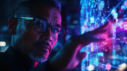 Mature Man Examining Futuristic Technology