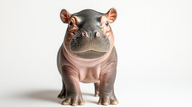 recommend clip art: Smiling baby hippo standing on its short legs, with a playful expression and wrinkled skin. The white background emphasizes the hippo's sweet and gentle appearance.