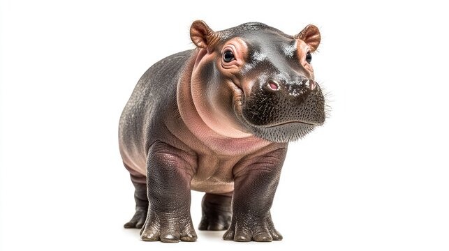 recommend clip art: Smiling baby hippo standing on its short legs, with a playful expression and wrinkled skin. The white background emphasizes the hippo's sweet and gentle appearance.