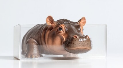 Tiny hippo slipping and almost toppling over, with a comical expression as it tumbles within a clear packaging box. The white background enhances the cute, funny nature of the scene.