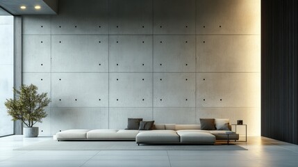 The loft showcases a spacious living area characterized by minimalist design, concrete walls, large windows, and a calm aesthetic with sleek furniture and greenery
