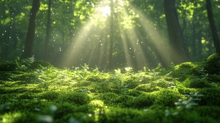 Sun-drenched summer forest with sunlight beams piercing dense foliage. Lush greenery, blurred bokeh effect, rich textures of leaves, Perfect for nature, landscape, and seasonal Background