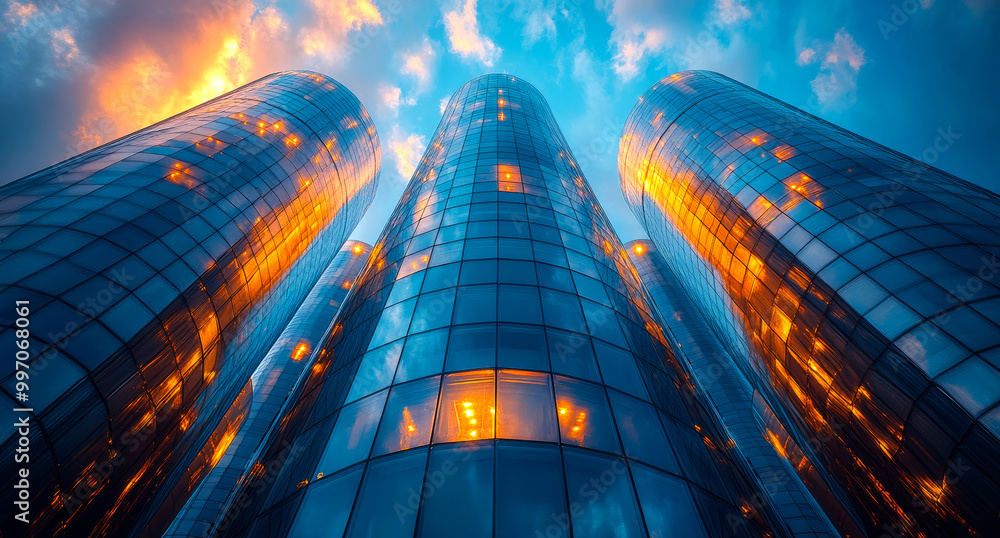 Poster three tall buildings with windows reflecting the sun and the sky. the buildings are lit up with ligh