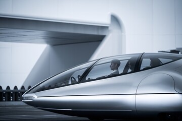 Fototapeta premium Futuristic Concept Car: A sleek, silver concept car with a unique aerodynamic design, showcasing the driver's perspective from a futuristic vehicle.