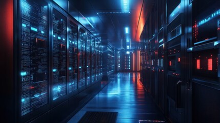 Data center with secure cloud locks, representing advanced digital protection and network security in a high-tech environment.