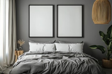 Luxurious grey bedroom interior with cozy bed, mockup poster and elegant wooden decor