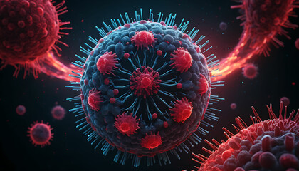 Obraz premium Futuristic Visualization of Mpox (monkeypox) Virus Mutation: Sci-Fi Aesthetic Depicting Mid-Transformation with Shifting Surface Proteins, Genetic Changes, and Digital Effects