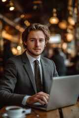 Caucasian male businessman using laptop in coffee shop.