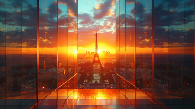 Paris city skyline, an elegant high-rise office building,  beautiful sunrise and rays