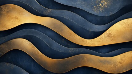 Abstract wave pattern in gold and dark blue. Modern graphic with organic texture and geometric shapes.