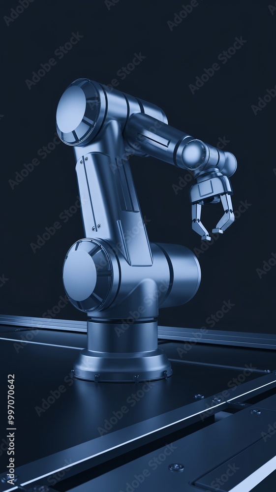 Poster robotic arm in action: a sleek, silver robotic arm extends its metallic hand, poised for precision a