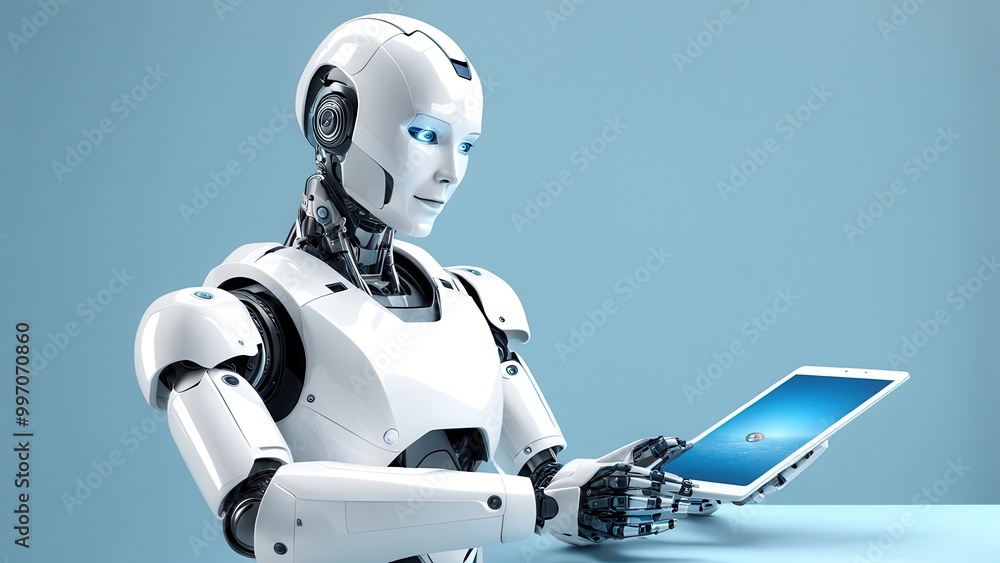 Aufkleber a humanoid robot interacting with a tablet device in a modern setting.