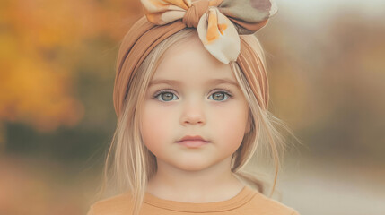 Fototapeta premium A young girl with blonde hair and a bow headband looks directly at the camera.