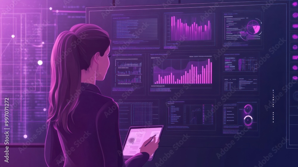 Aufkleber female data analyst vector illustration in flat design. analysis or analytics of statistics. woman w